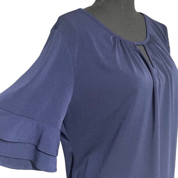 New York & Co Navy Double Ruffle Sleeve Keyhole Top - Picture 2 of 6